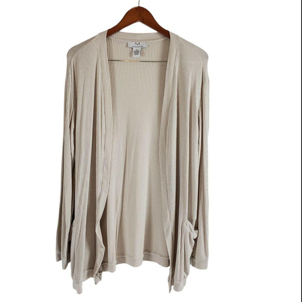 Magaschoni Cream Size M Ribbed Long Sleeve Open Front Cardigan Sweater Pockets